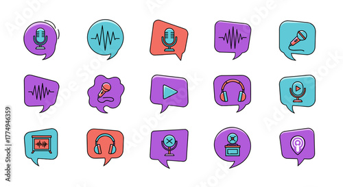 Vivid collection of podcast-related icons presented in colorful speech bubbles, featuring microphones, sound waves, headphones, play buttons, and location pins, perfect for digital media and