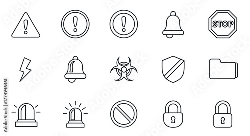 Collection of warning and security icons in a clean line style, featuring a warning sign, alert symbol, stop sign, notification bell, biohazard symbol, shield, folder, lightning bolt, and padlocks