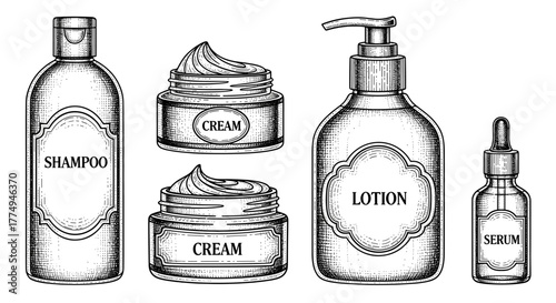 Vector hand-drawn vintage illustration of cosmetic bottles in vintage engraved style, featuring packaging for shampoo, cream, tonic, lotion, and serum, presented in a classic black and white