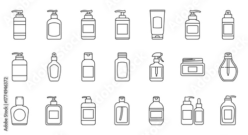 Collection of simple linear outline icons representing various cosmetic and personal care bottles, including pump dispensers, spray bottles, jars, and dropper bottles, perfect for web, print, and app