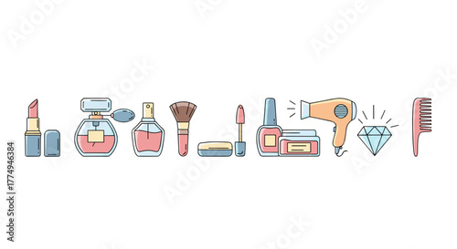A vibrant and stylish collection of beauty and cosmetic icons arranged horizontally against a stark black background, featuring a lipstick, perfume bottles, makeup brushes, nail polish, a hairdryer