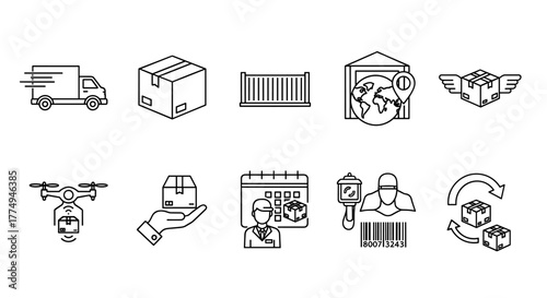 Set of delivery-related line icons, including a truck, box, and shipping outline signs, perfect for graphic and web design, apps, adverts, and various cards. This vector cartoon illustration offers a