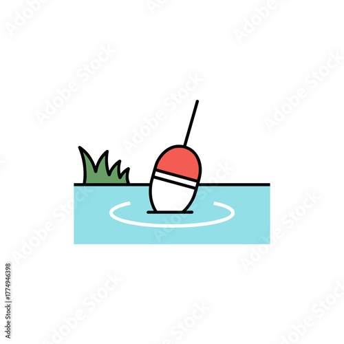 Fishing bobber floating on water surface, indicating a catch in a serene pond setting