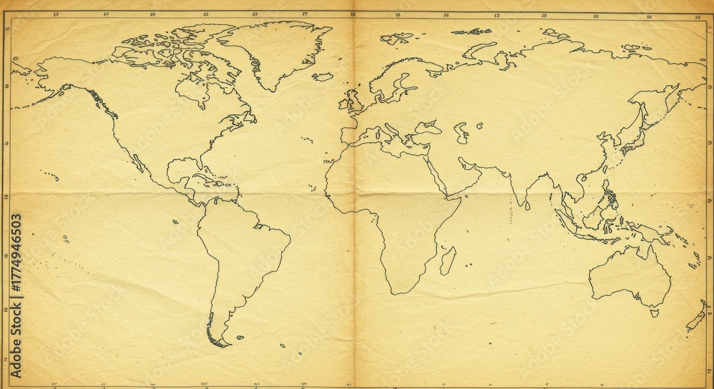 Fototapeta premium Vintage World Map: Folded, Aged Paper Texture, Outline Continents