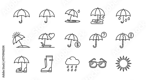 Bundle of Umbrella Related Line Icons, Outline Signs for Graphic and Web Design, Apps, Adverts, Various Cards, Vector Cartoon Illustration with a White Background. Collection of Weather Symbols and