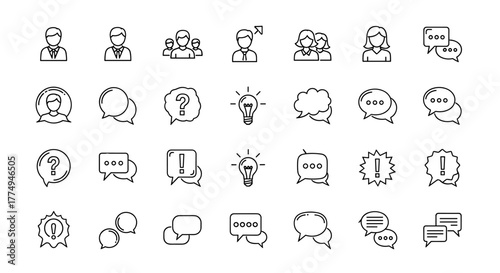 Collection of People and Speech Bubble Related Line Icons, Outline Signs for Graphic and Web Design, Apps, Advertisements, Various Cards, Vector Cartoon Illustration, Communication and Social Media