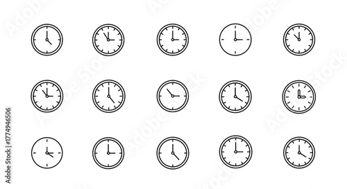 Set of fifteen white outline clock icons on a black background, representing different times of day, perfect for graphic design, web development, app interfaces, advertisements, and various card