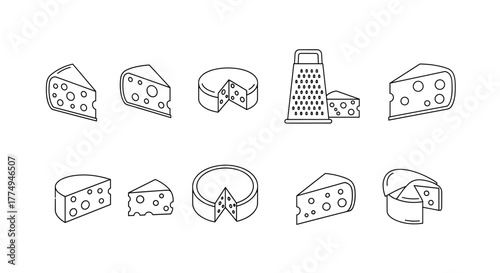 Collection of minimalistic linear cheese icons and a grater, perfect for web design, graphic design, apps, banners, social networks, and cards. This vector cartoon illustration features various
