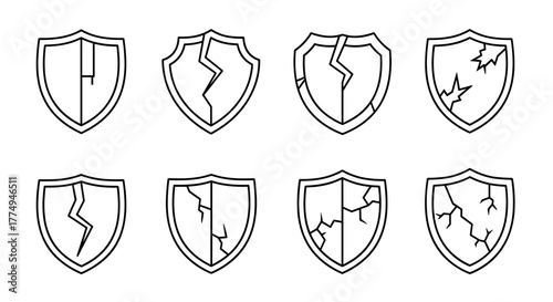 Set of eight cracked shield outline icons, representing security breaches, vulnerability, and broken protection. These versatile vector graphics are perfect for web design, app development