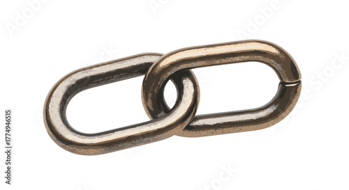Close-up of two interlocking metallic chain links, rendered in a realistic bronze or brass finish, isolated on a stark black background, symbolizing connection, strength, and unity in a visually