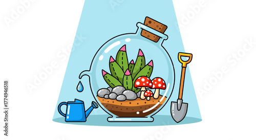 Charming flat vector illustration of a colorful terrarium, showcasing a succulent plant, whimsical mushrooms, and decorative stones within a glass globe, accompanied by a watering can and a shovel
