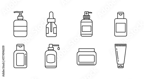 Modern outline style icons of cosmetic bottles and containers, including pump dispensers, dropper bottles, flip-top bottles, jars, and tubes, presented as a clean vector illustration set on a black