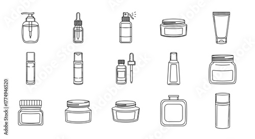 Collection of cosmetic bottles and jars in outline style, perfect for graphic design, web, apps, and advertising. This vector illustration features various containers like pump bottles, droppers