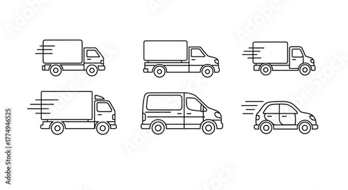 Collection of thin line icons representing delivery trucks, vans, and cars in motion, perfect for web, books, cards, and apps. This editable stroke vector cartoon illustration captures the essence of