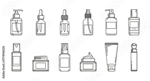 Collection of thin line icons representing various cosmetic bottles and containers, including pump dispensers, droppers, spray bottles, jars, and tubes, perfect for web, apps, and print design.