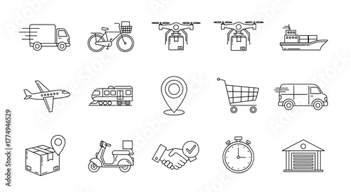 Diverse Delivery and Transportation Thin Line Icon Set: Outline Signs for Graphic and Web Design, Apps, Adverts, Various Cards, Vector Cartoon Illustration with Truck, Bicycle, Drone, Ship, Plane