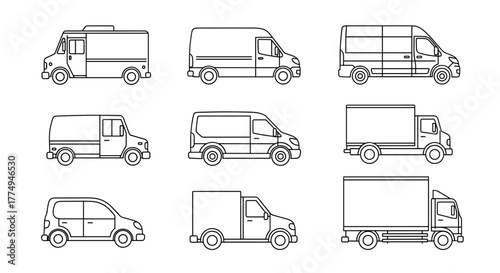 Collection of nine distinct delivery truck and van icons, presented as editable thin line art. This versatile bundle is ideal for web design, book illustrations, greeting cards, mobile applications