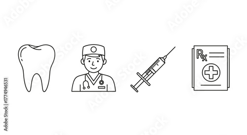 Set of outline icons related to dentistry and healthcare, featuring a tooth, a doctor with a stethoscope, a syringe, and a prescription form, perfect for banners, infographics, books, and articles
