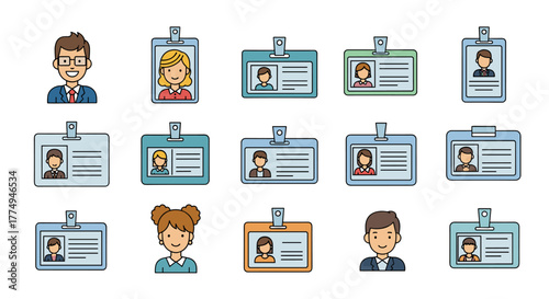 Collection of Employee ID Badge Pictures, featuring diverse cartoon characters in professional attire, perfect for infographics, articles, books, flyers, and banners, with editable stroke for