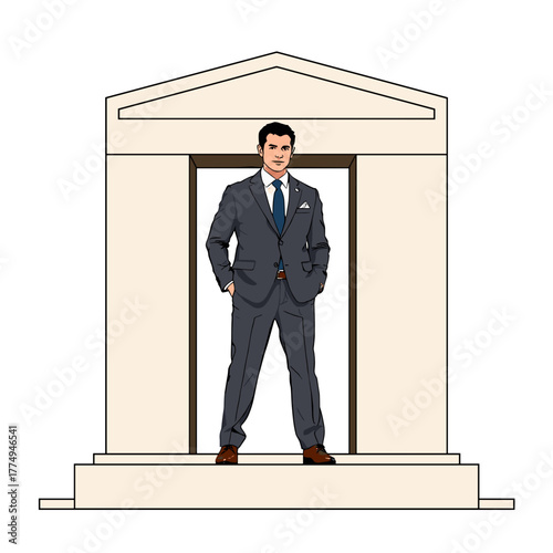 Professional businessman standing confidently in a suit at an archway, symbolizing success