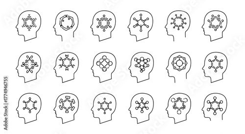 Collection of stylized chemical compound outlines within human head silhouettes, symbolizing science, intellect, and innovation. Ideal for graphic design, educational materials, and conceptual