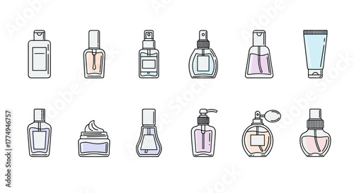 Collection of cosmetic bottles and containers, including perfume bottles, lotion bottles, cream jars, and spray bottles, presented as a clean, modern vector cartoon illustration on a white