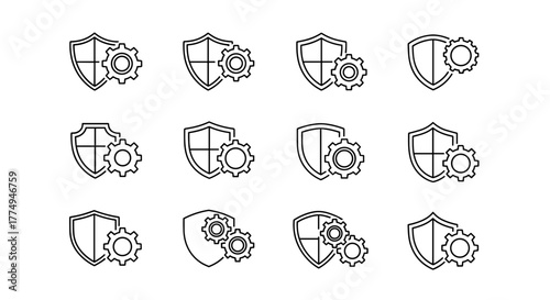 Minimalistic linear pictogram of a running gear or cogwheel positioned near a shield, symbolizing protection, security, or a secure system, suitable for web and graphic design, apps, banners, social