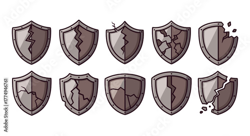 Collection of ten cracked and broken shield icons in a cartoon illustration style, perfect for interface elements, social media posts, advertisements, and various card designs, presented as a set on