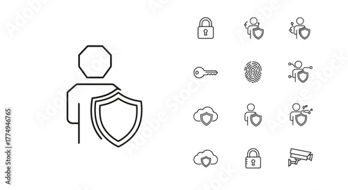 Minimalist security icons set on a black background, featuring a person with a shield symbolizing safety and protection, alongside other icons like a padlock, key, fingerprint, cloud with shield, and