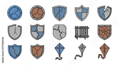 Collection of cracked shields and kites, rendered in a cartoon vector style, perfect for interface elements, social media posts, advertisements, and various card designs, presented on a clean white