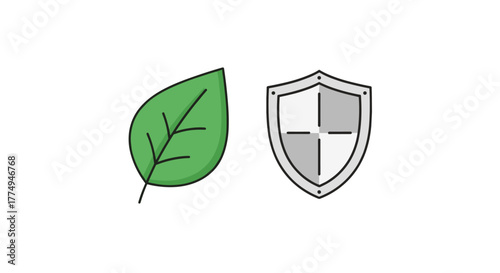 Vivid minimalistic linear sign featuring a green leaf next to a shield, symbolizing nature protection, eco-friendly practices, and security. Ideal for web design, app icons, banners, social media