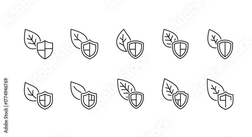 A collection of minimalistic thin outline icons featuring a shield next to a leaf, symbolizing protection and nature. These versatile vector cartoon illustrations are perfect for web design, graphic