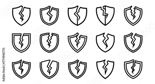 Set of 15 Cracked Shield Line Icons, symbolizing broken protection, vulnerability, and security breaches, perfect for graphic design, book illustrations, advertisements, and app interfaces, presented