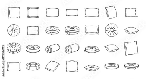Collection of outline vector illustrations of various pillows and cushions, including square, rectangular, round, and bolster shapes, perfect for infographics, articles, books, flyers, and banners