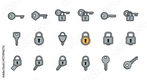 Collection of isolated vector icons representing keys and locks, presented on a black background. This set includes various styles of keys and padlocks, some with keys inserted, symbolizing security