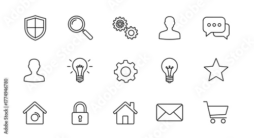 A collection of minimalistic thin outline icons, featuring a shield, magnifying glass, gears, user silhouette, speech bubbles, lightbulb, star, house, lock, envelope, and shopping cart, perfect for
