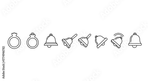 Collection of outline ring and bell icons, symbolizing notifications, alerts, and important events. These versatile vector graphics feature editable strokes, perfect for infographics, articles