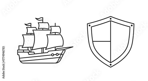 A classic sailing ship with multiple masts and sails is depicted alongside a shield outline, symbolizing protection and security. This linear vector graphic is ideal for web design, app icons