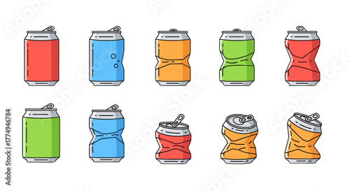 Set of colorful soda can icons in a thin line and flat style with editable strokes, featuring both pristine and dented cans, presented on a clean white background, perfect for beverage and