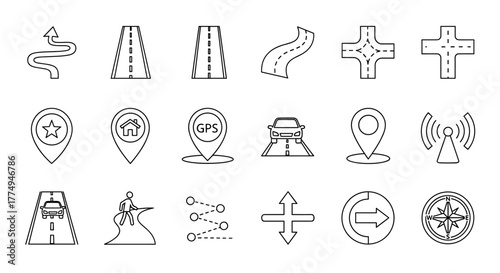 Collection of diverse outline icons representing navigation and travel elements, including a route map pin, a compass, and various cross symbols, perfect for web design, app interfaces, advertising