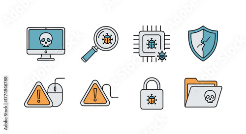 Cybersecurity threat icons: computer with skull, magnifying glass with bug, CPU with virus, broken shield, warning signs, locked padlock with bug, and folder with skull, representing digital