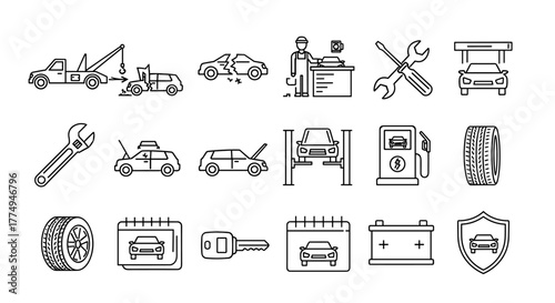 Set of thin black outline symbols representing car maintenance and repair services, including a tow truck, broken car, mechanic in workshop, tools, car on lift, gas station, tires, car key, battery