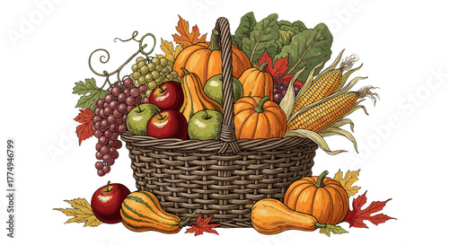 A richly detailed, vintage-style illustration of a woven basket overflowing with a bountiful harvest of autumn fruits and vegetables, including pumpkins, gourds, corn, apples, and grapes, set against