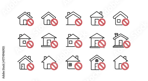 A repeating pattern of stylized house icons, each overlaid with a red prohibition symbol, suggesting restrictions or bans related to housing, real estate, or property. This vector graphic is ideal