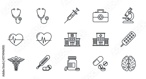 A comprehensive collection of medical line icons, featuring essential healthcare symbols like stethoscopes, heartbeats, syringes, first aid kits, hospitals, microscopes, caduceus symbols