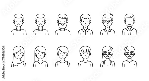 Collection of simple linear outline avatars for male and female users, featuring diverse hairstyles and facial features like beards and glasses, presented in a clean, editable stroke vector cartoon