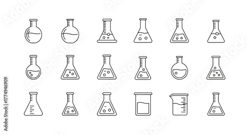 Collection of minimalistic outline icons representing various laboratory flasks and beakers, perfect for web design, graphic design, apps, banners, social networks, and cards. This vector cartoon