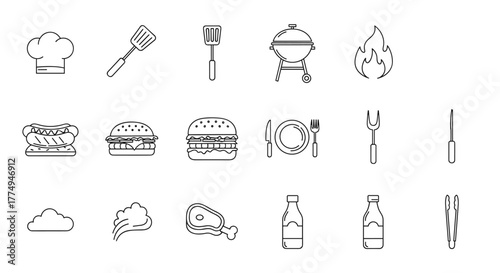 A versatile collection of outline icons representing kitchen essentials, barbecue tools, and delicious food items, perfect for graphic design, web development, app interfaces, and various advertising