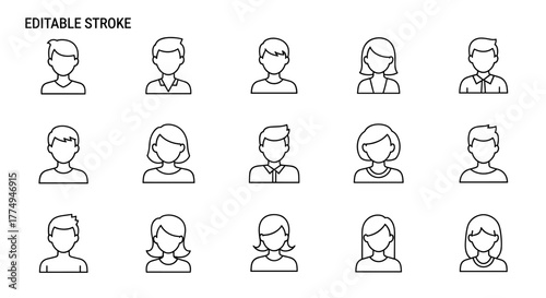 Collection of simple, isolated line icons representing male and female user avatars, featuring editable strokes and a clean, cartoon illustration style, perfect for web sites, books, cards, and apps