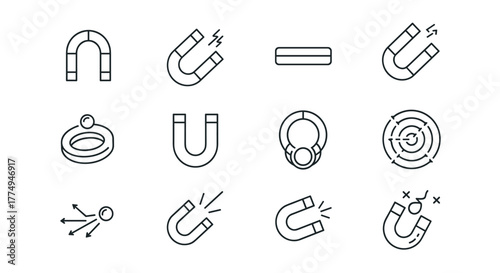 Minimalistic linear pictogram magnet icon set, featuring horseshoe magnets, bar magnets, and magnetic field representations, perfect for design of cards, apps, banners, and posts, presented as a